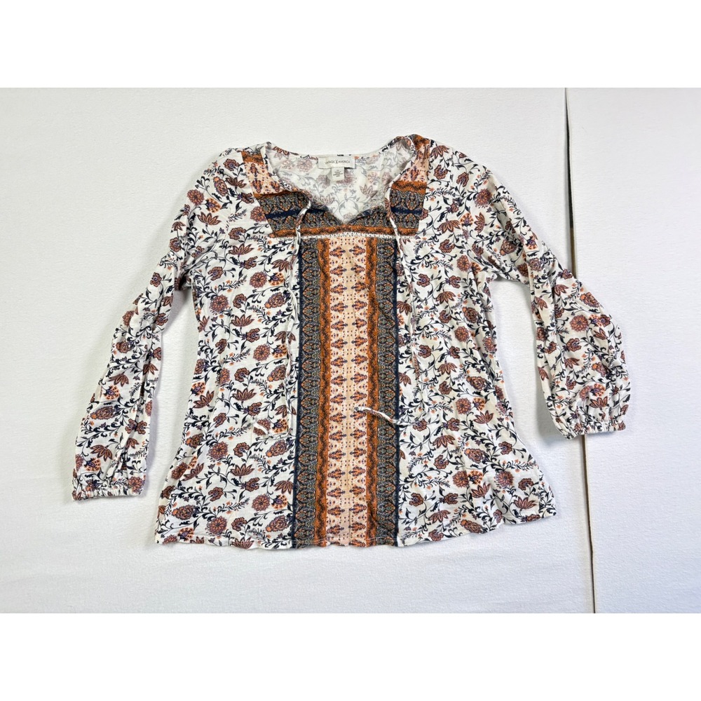 Vintage America Womens Boho Floral Border Print Peasant Top Orange Navy‎ Medium